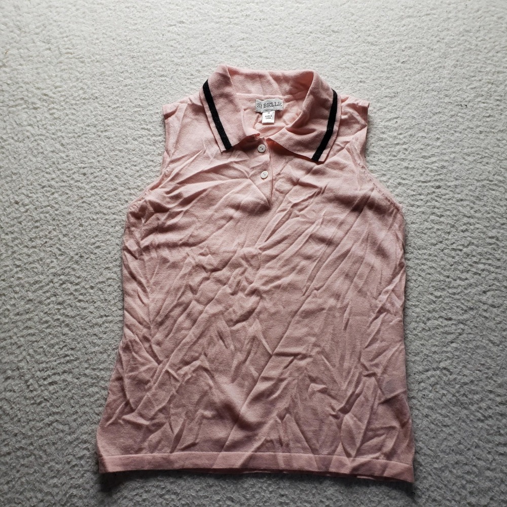 SI BELLE Polo Shirt Womens M Pink Collared Sleeveless Solid Cashmere Knit Top